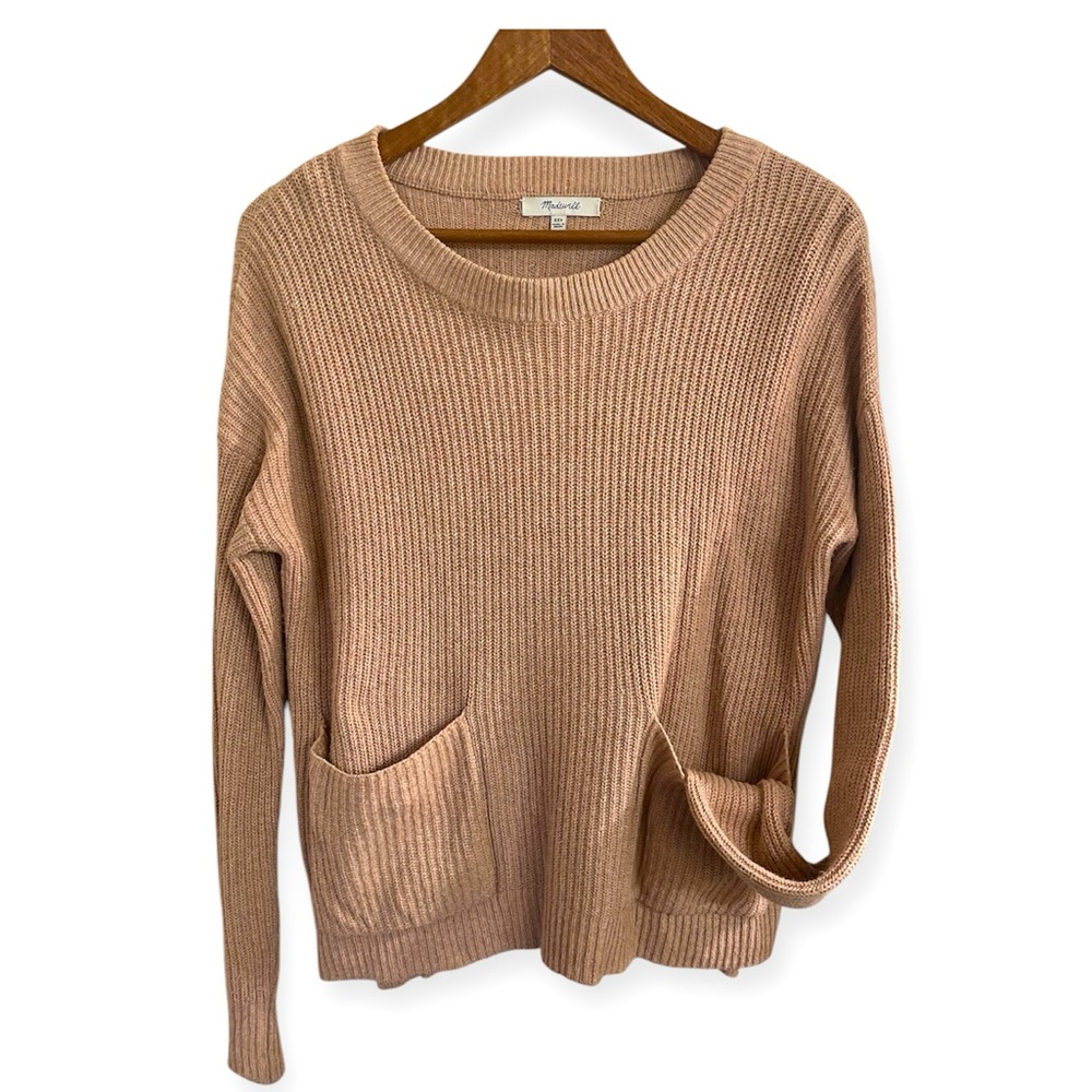 Madewell Ribbed Knit Pocket Oversized Minimalist Preppy Sweater Tan Beige XXS